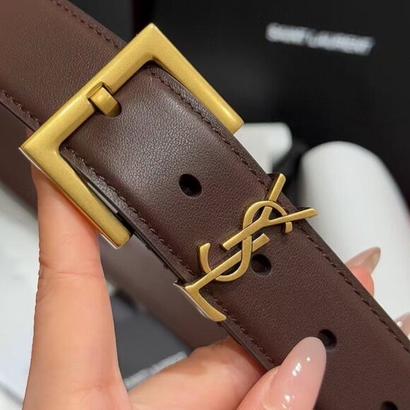 Saint Laurent Brown Belt 3cm 95cm - Gold YSL, New with Box